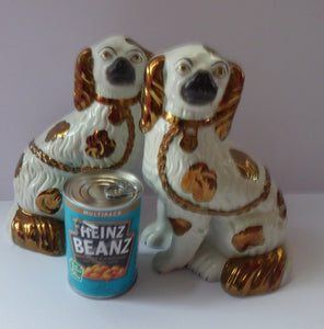 Rarer Pair of Victorian Staffordshire Spaniel Dogs / Wally Dugs. 9 inches in height. Unusual Gold Lustre Details