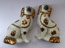 Load image into Gallery viewer, Rarer Pair of Victorian Staffordshire Spaniel Dogs / Wally Dugs. 9 inches in height. Unusual Gold Lustre Details
