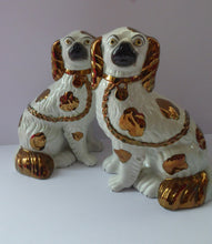 Load image into Gallery viewer, Rarer Pair of Victorian Staffordshire Spaniel Dogs / Wally Dugs. 9 inches in height. Unusual Gold Lustre Details
