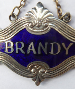 1930s SILVER PLATE and Royal Blue Guilloche Enamel Brandy Decanter Label