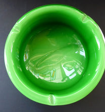 Load image into Gallery viewer, 1960s MURANO BOWL or Ashtray. Heavy Sommerso Glass. Very unusual with Lime Green Interior, White Exterior and Streaky Decorative Banding
