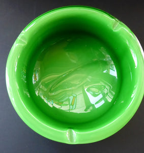 1960s MURANO BOWL or Ashtray. Heavy Sommerso Glass. Very unusual with Lime Green Interior, White Exterior and Streaky Decorative Banding