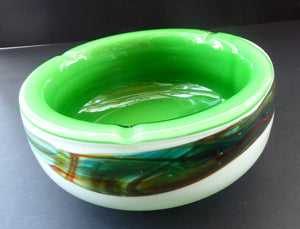 1960s MURANO BOWL or Ashtray. Heavy Sommerso Glass. Very unusual with Lime Green Interior, White Exterior and Streaky Decorative Banding
