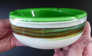 1960s MURANO BOWL or Ashtray. Heavy Sommerso Glass. Very unusual with Lime Green Interior, White Exterior and Streaky Decorative Banding