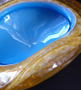 Fabulous 1960s MURANO Sommerso GEODE Bowl. With Blue, White and Yellow Cased Glass - and Controlled Bullicante