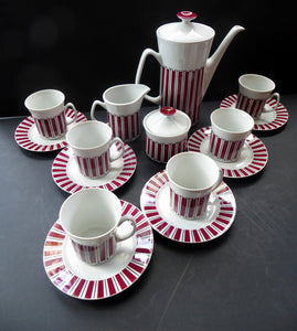 Vintage 1960s POLISH Wloclawek Porcelain Red and White Striped Coffee Set. Coffee Pot, Milk and Sugar Bowl, Six Cups and Saucers
