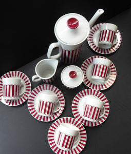 Vintage 1960s POLISH Wloclawek Porcelain Red and White Striped Coffee Set. Coffee Pot, Milk and Sugar Bowl, Six Cups and Saucers