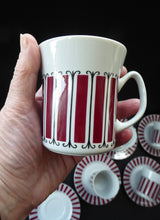Load image into Gallery viewer, Vintage 1960s POLISH Wloclawek Porcelain Red and White Striped Coffee Set. Coffee Pot, Milk and Sugar Bowl, Six Cups and Saucers
