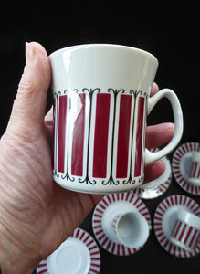 Vintage 1960s POLISH Wloclawek Porcelain Red and White Striped Coffee Set. Coffee Pot, Milk and Sugar Bowl, Six Cups and Saucers