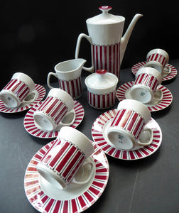 Vintage 1960s POLISH Wloclawek Porcelain Red and White Striped Coffee Set. Coffee Pot, Milk and Sugar Bowl, Six Cups and Saucers
