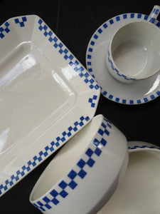 GERMAN ART DECO Waechtersbach Small Group of Cup & Saucer, Oblong Plate and Two Bowls:  with Simple Blue and White Checked Rim