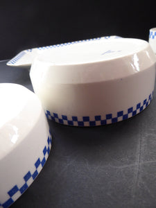 GERMAN ART DECO Waechtersbach Small Group of Cup & Saucer, Oblong Plate and Two Bowls:  with Simple Blue and White Checked Rim