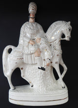 Load image into Gallery viewer, HUGE Antique Victorian STAFFORDSHIRE Figurine. Kilted Scotsman on Horseback. 14 inches height. Great Display Piece
