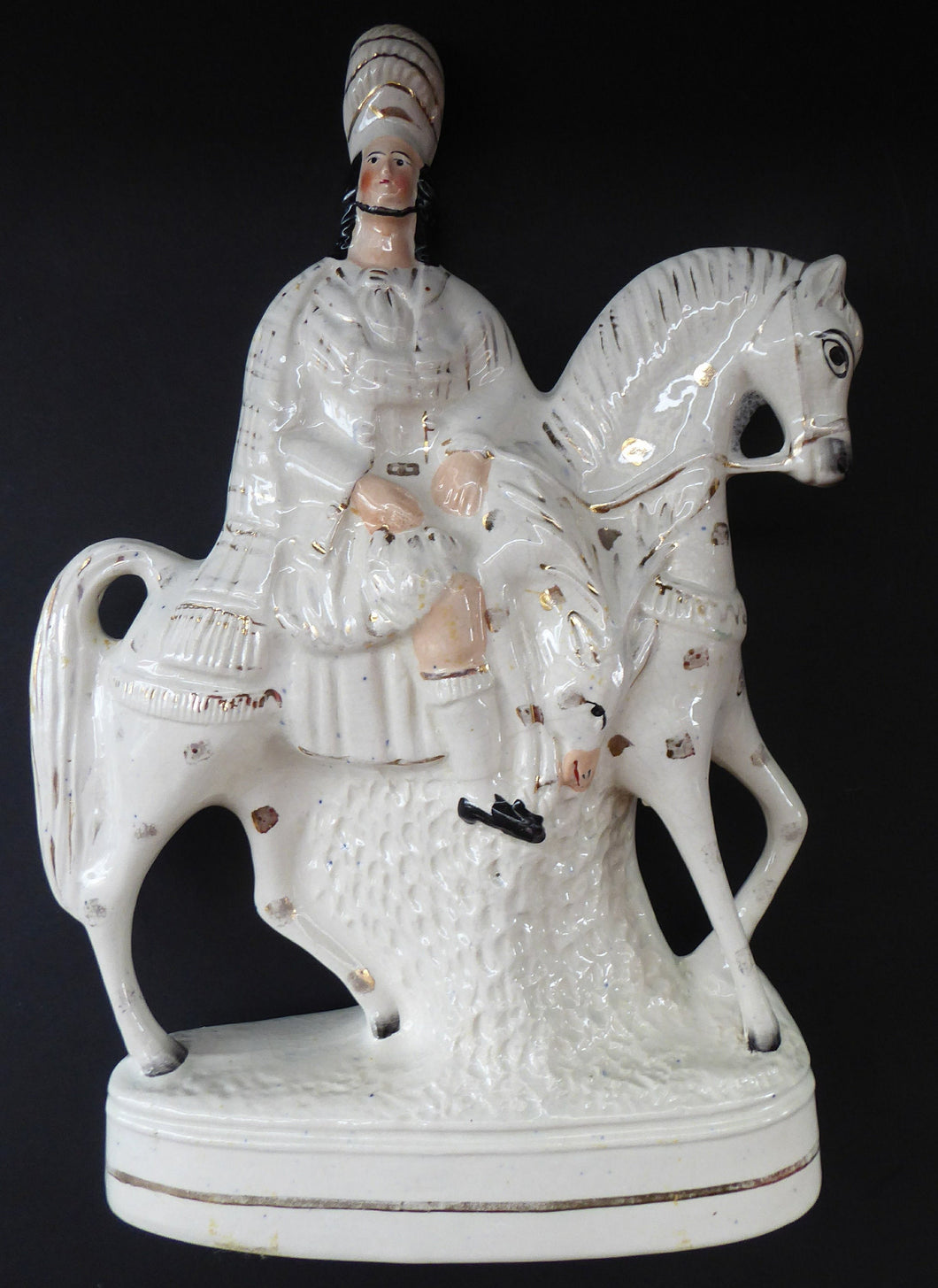 HUGE Antique Victorian STAFFORDSHIRE Figurine. Kilted Scotsman on Horseback. 14 inches height. Great Display Piece