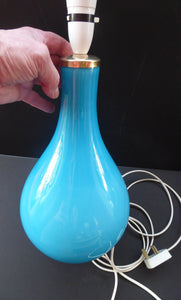 Vintage 1960s HOLMEGAARD Glass Lamp (RE-WIRED) with Original Neck Brass Fitting. Turquoise Blue Coloured Glass. 13 1/2 inches tall