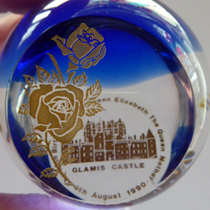 SCOTTISH GLASS Caithness Paperweight. 90th Birthday Issue for the Queen Mother. GLAMIS Castle and Rose