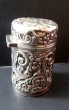 Load image into Gallery viewer, Victorian ART NOUVEAU Solid Silver Hinged Lid Pot with Scrolling Foliage Pierced Decoration. Clear Glass Fitted Interior. Hallmarked 1900
