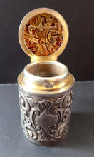 Load image into Gallery viewer, Victorian ART NOUVEAU Solid Silver Hinged Lid Pot with Scrolling Foliage Pierced Decoration. Clear Glass Fitted Interior. Hallmarked 1900
