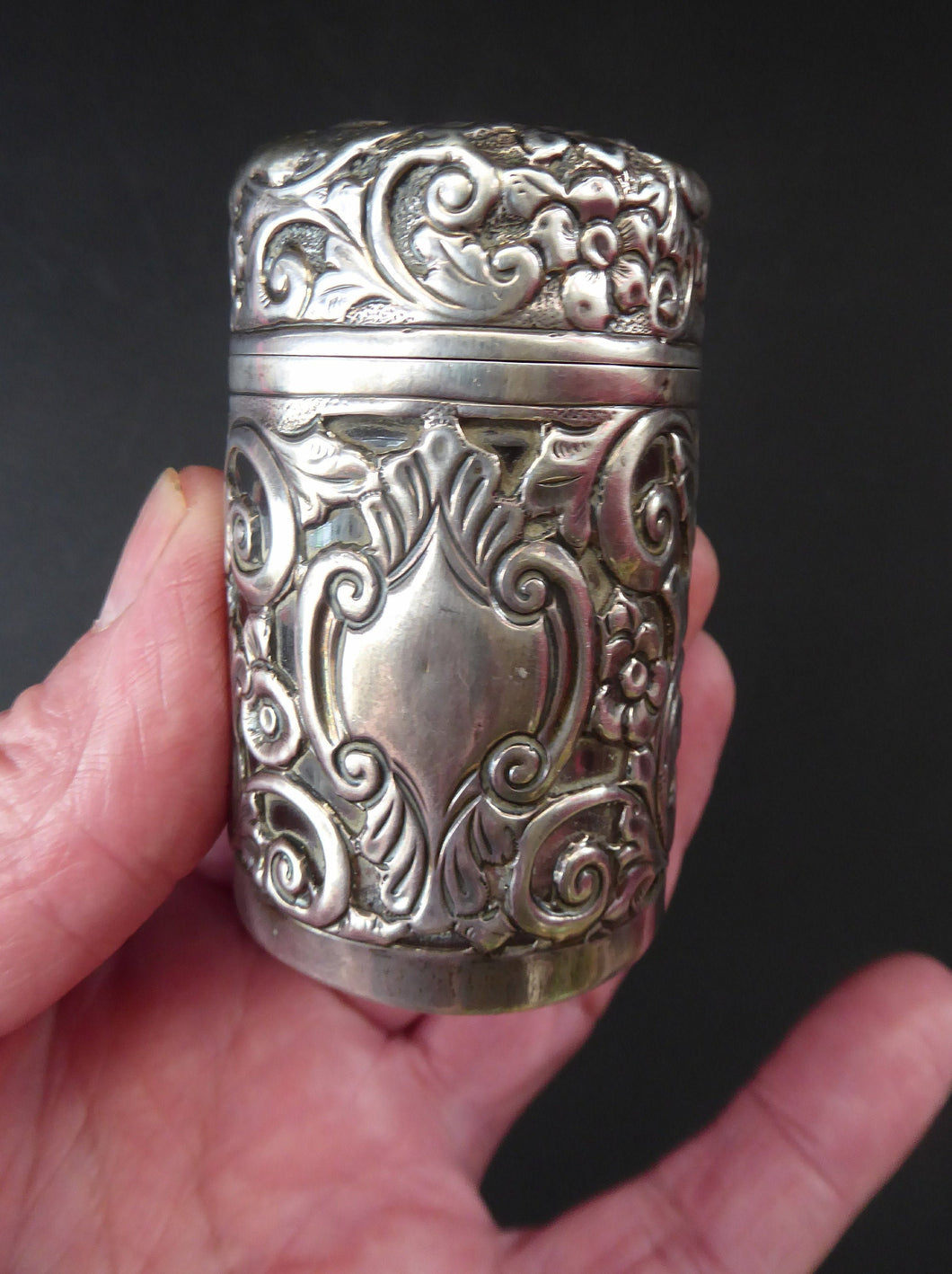 Victorian ART NOUVEAU Solid Silver Hinged Lid Pot with Scrolling Foliage Pierced Decoration. Clear Glass Fitted Interior. Hallmarked 1900