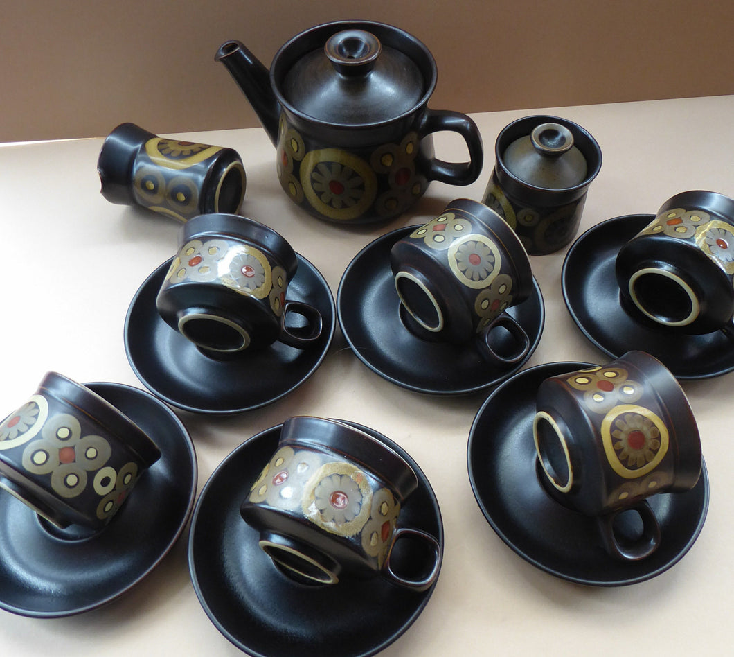 COMPLETE SET. Vintage 1960s DENBY Arabesque Tea Set. Teapot, Milk Jug, Lidded Sugar Bowl, Six Cups and Saucers