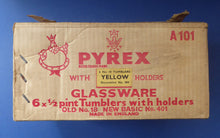 Load image into Gallery viewer, FOUR Vintage Pyrex Tumbler Set. Original Card Boxes - Space Age Yellow and Red 1/2 pint Tumblers with plastic holders
