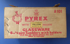 FOUR Vintage Pyrex Tumbler Set. Original Card Boxes - Space Age Yellow and Red 1/2 pint Tumblers with plastic holders