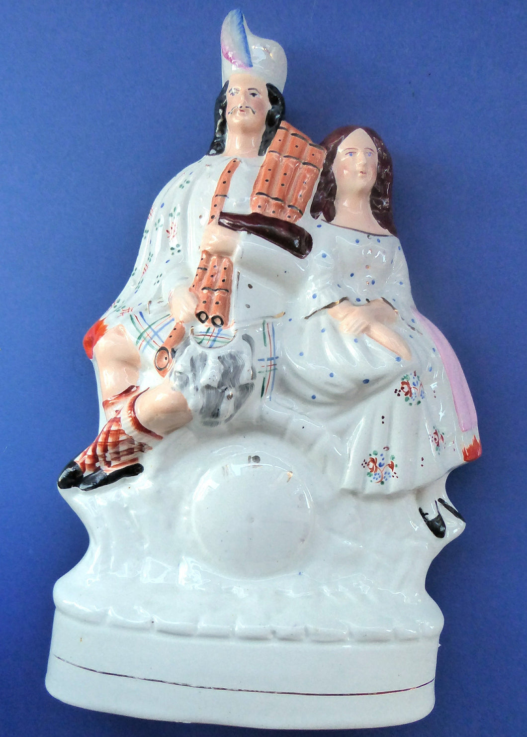 ANTIQUE Victorian Staffordshire Flatback Figurine. A Highlander and his Sweetheart Sitting on a Clock Face. Poor Man's Clock