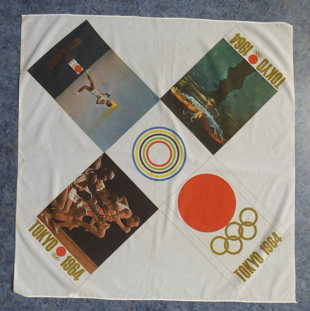 RARE 1960s Olympic Games Souvenir Head Scarf. Genuine Original Toyko Olympic Games 1964. KAMEKURA YUUSAKU Design