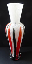 Load image into Gallery viewer, Tall ITALIAN 1960s Glass Vase. Hand Blown with Mottled White Body and Red and Black Striped Inclusions
