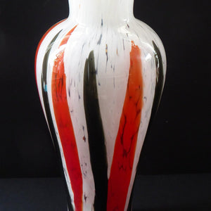ITALIAN 1960s Glass Vase. Hand Blown with Mottled White Body and Red and Black Striped Inclusions