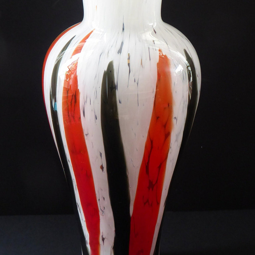 ITALIAN 1960s Glass Vase. Hand Blown with Mottled White Body and Red and Black Striped Inclusions