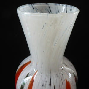 ITALIAN 1960s Glass Vase. Hand Blown with Mottled White Body and Red and Black Striped Inclusions