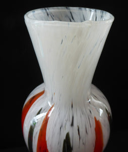Tall ITALIAN 1960s Glass Vase. Hand Blown with Mottled White Body and Red and Black Striped Inclusions
