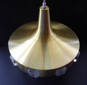 In the manner of Carl Fagerlund. SWEDISH 1960s Gold Tone Pendant  Lampshade with Clear Glass Inclusions and Original Diffuser Below