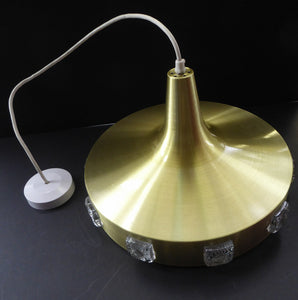 In the manner of Carl Fagerlund. SWEDISH 1960s Gold Tone Pendant  Lampshade with Clear Glass Inclusions and Original Diffuser Below