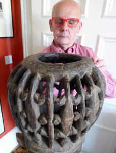 MASSIVE SIZE. Vintage Early / Mid 20th Century Cameroon Bamileke Wooden Helmet Mask with Carved Crocodile Headress