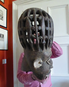 MASSIVE SIZE. Vintage Early / Mid 20th Century Cameroon Bamileke Wooden Helmet Mask with Carved Crocodile Headress