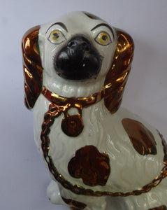 Rarer Pair of Victorian Staffordshire Spaniel Dogs / Wally Dugs. 9 inches in height. Unusual Gold Lustre Details