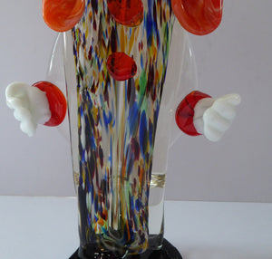 LARGE 11 3/4 inches Vintage MURANO GLASS Clown. Blue Top Hat and Massive Butterfly Like Orange Bow