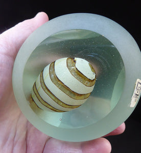 1970s Mdina Glass Paperweight. UNUSUAL Vintage Weight with Frosted Exterior and Three Polished Facets. Striped Egg Inside