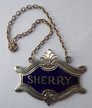 Load image into Gallery viewer, 1930s SILVER PLATE and Royal Blue Guilloche Enamel Sherry Decanter Label

