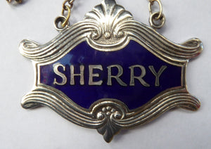 1930s SILVER PLATE and Royal Blue Guilloche Enamel Sherry Decanter Label