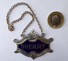 Load image into Gallery viewer, 1930s SILVER PLATE and Royal Blue Guilloche Enamel Sherry Decanter Label
