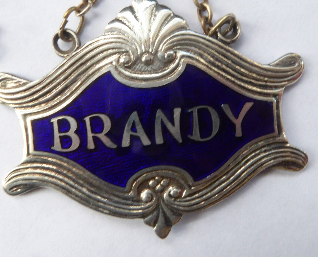 1930s SILVER PLATE and Royal Blue Guilloche Enamel Brandy Decanter Label