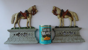 VICTORIAN PAIR of Cast Iron White Horses Door Stops or Fireplace Ornaments. With Original Paintwork & Victorian Registration Lozenge