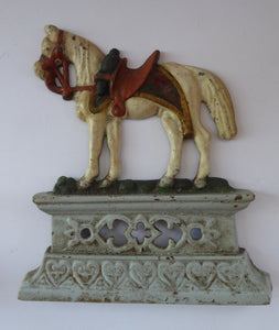 VICTORIAN PAIR of Cast Iron White Horses Door Stops or Fireplace Ornaments. With Original Paintwork & Victorian Registration Lozenge