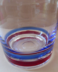 Vintage Minimalist Murano Glass Decanter with Blue and Red Hoops on the Base and Large Ball Stopper