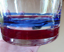 Load image into Gallery viewer, Vintage Minimalist Murano Glass Decanter with Blue and Red Hoops on the Base and Large Ball Stopper
