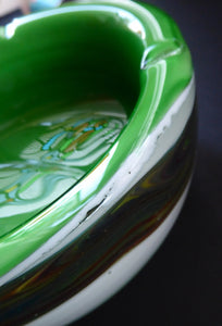 1960s MURANO BOWL or Ashtray. Heavy Sommerso Glass. Very unusual with Lime Green Interior, White Exterior and Streaky Decorative Banding