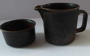 ARABIA POTTERY, Finland. 1960s Rustic RUSKA Open Sugar Bowl and Milk Jug. Designed by Ulla Procope
